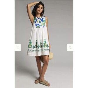 Anthropologie Vivienne Tunic White Lined Dress Embroidered Detail Mini Medium